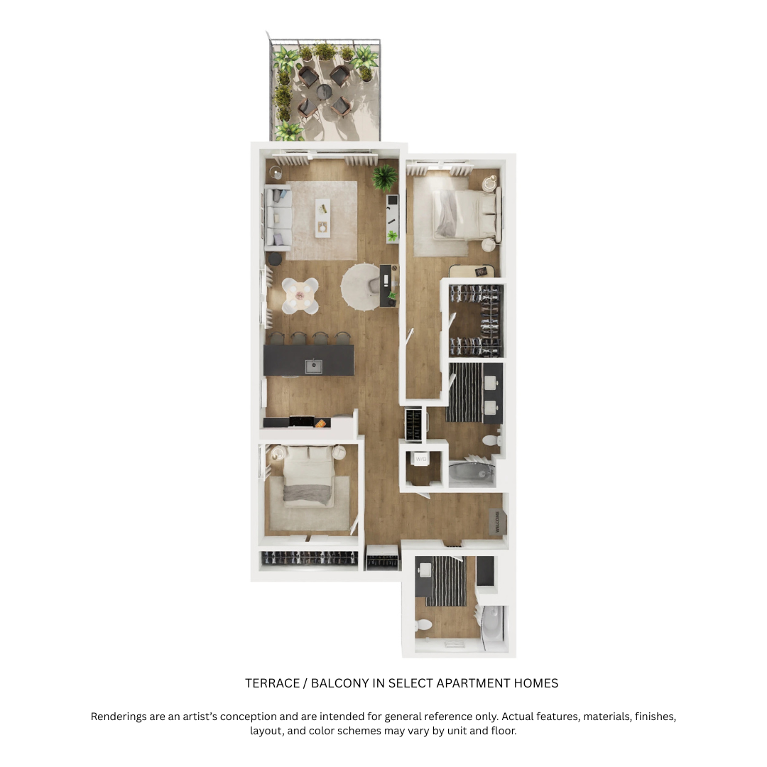 Floor plan for 2 beds, 2 baths, 1125 sqft